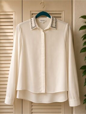 American Retro Ivory Layered Button-Down hi low 100% silk Jeweled Collar Sz 36
